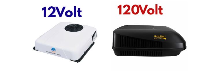 white 12v air conditioner and black 120v air conditioner
