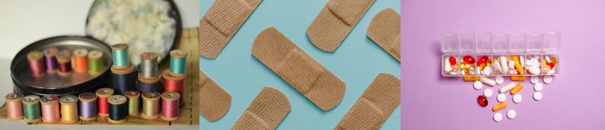 sewing kid with Band-aids and pills