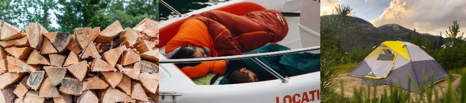 sleeping bag, fire wood and tent