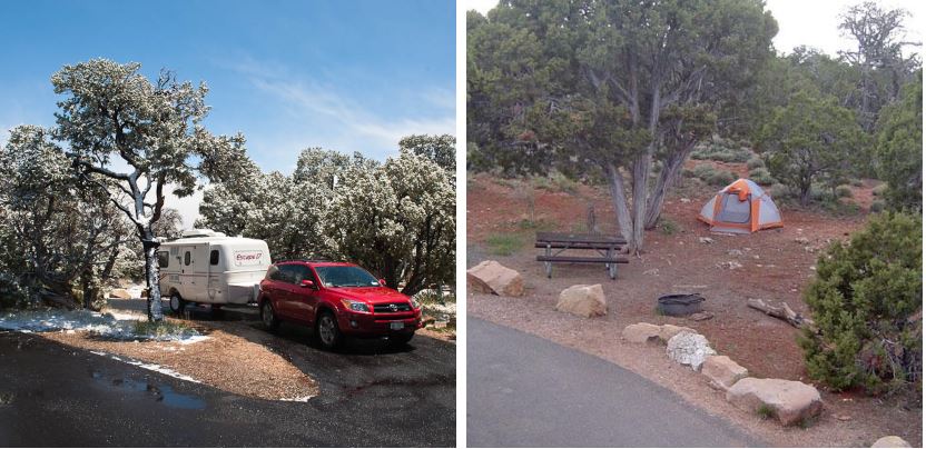 Desert view campground views of a red car and trailer