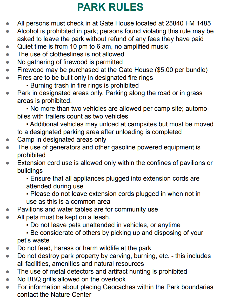 Rules for staying at Lake Houston Wilderness park
