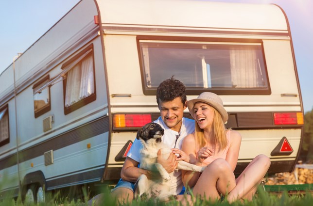 couple caravanning with their dog