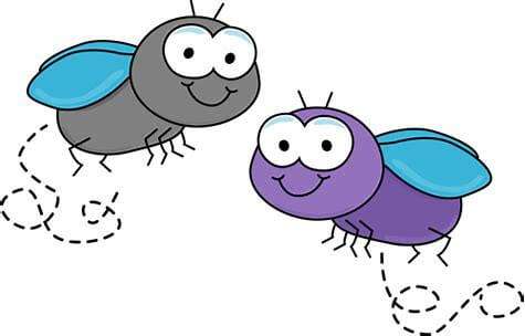 grey and purple cartoon flies smiling