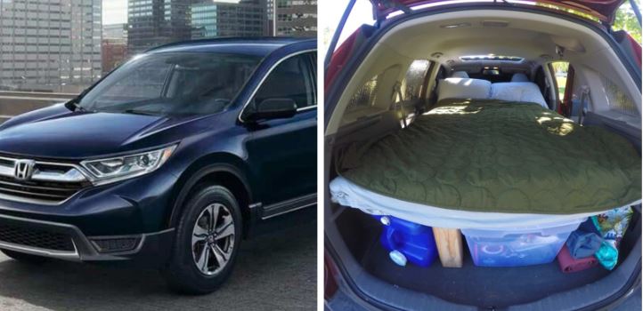 Blue Honda CRV with bed inside the interior