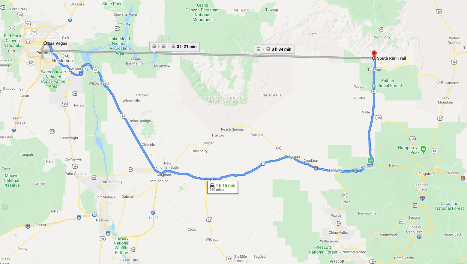 map of las vegas to south rim distance.