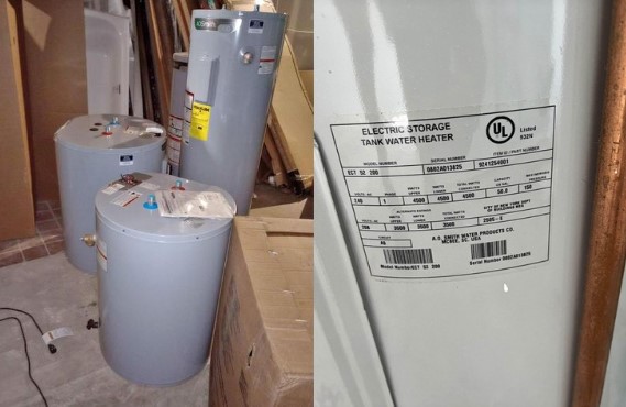 three water heaters and water heater label